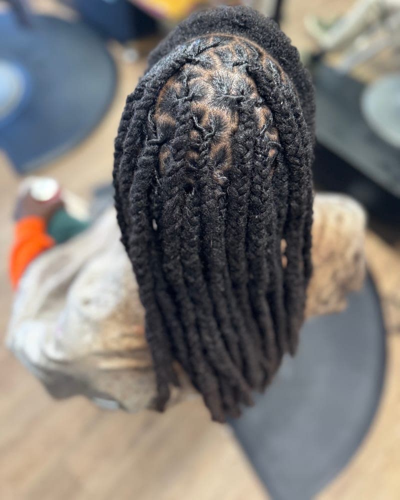 Plaits with Palm Roll Loc Maintenance · Shoulder Length — before